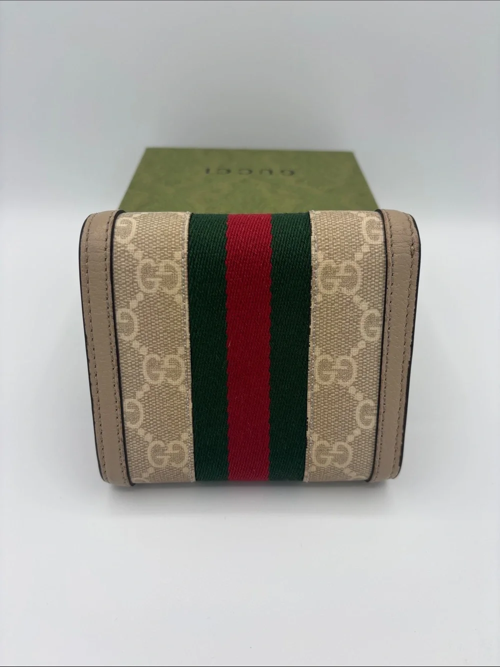 Gucci Ophidia GG Supreme Bifold Wallet- Beige/White with Green-Red Web Stripe